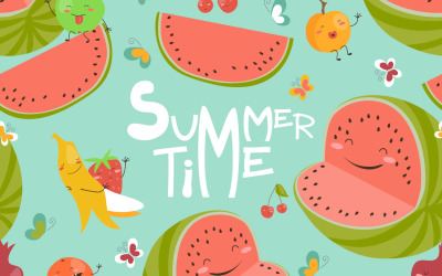 Vector Seamless Pattern with Cute Summer Fruits