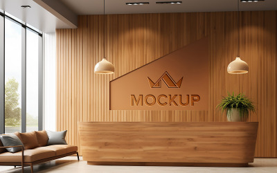 Mockup logo di lusso sulla parete in legno marrone e sulla reception dell&amp;#39;hotel psd