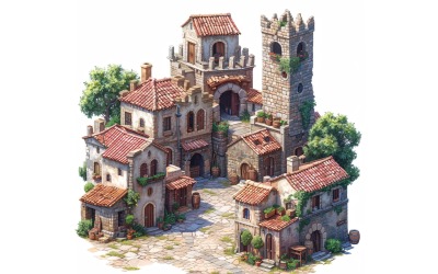 Busy medieval city Set of Video Games Assets Sprite Sheet 11