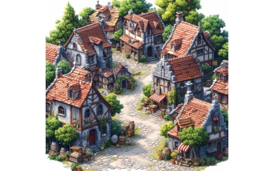 Cidade medieval movimentada Conjunto de recursos de videogame Sprite Sheet 10