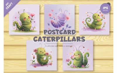 Cute watercolor caterpillars. Children&#039;s cards.