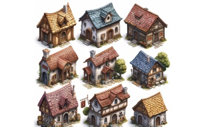 Conjunto de edifícios de fantasia com recursos de videogame, folha de sprite 3