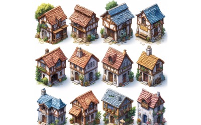 Fantasy-Gebäude-Set aus Videospiel-Assets, Sprite Sheet 13