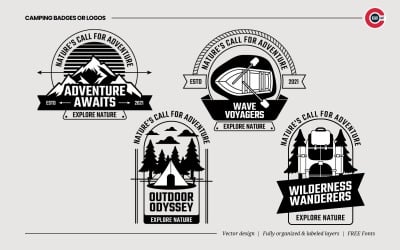 Badges of embleemlogo&amp;#39;s voor kampeer- en bosavontuur