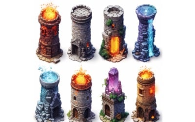 mage towers with lighting Set of Video Games Assets Sprite Sheet 200