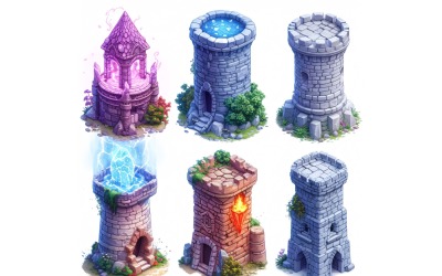 Wieże magów z oświetleniem Zestaw zasobów do gier wideo Arkusz sprite 204