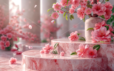 Flores cor de rosa Pétalas caindo Produto cosmético Pódio de mármore 07