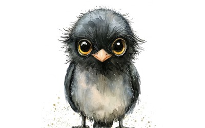 Cute Grackle Bird Baby Watercolor Handmade ilustrace 4