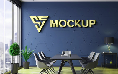 Moderní a minimalistická kancelářská zasedací místnost modrá zeď logo maketa psd