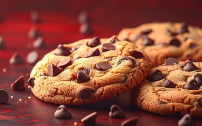 Chocolate chip cookies collage on red background 67