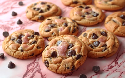 Collage de galletas con chispas de chocolate sobre fondo rosa 66