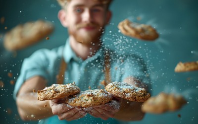Ein Mann hinter schwimmenden Chocolate Chip Cookies 109