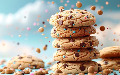 Floating Chocolate chip cookies stacked 104