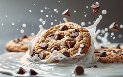 Floating Chocolate chip cookies with milk splashes 78
