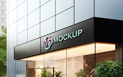 Logo mockup nero ufficio negozio segno costruzione realistico logo 3d mockup segno realistico facciata dell&amp;#39;ufficio