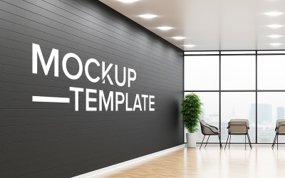 Черная стена с табличкой с надписью «ваш логотип здесь». Макет логотипа на черной стене в помещении.