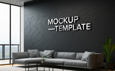 Logo-Modell mit Büroraumwand PSD 3D-Logo-Modell auf schwarzer Innenwand mit Sofa