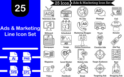 Annunci e set di icone della linea di marketing