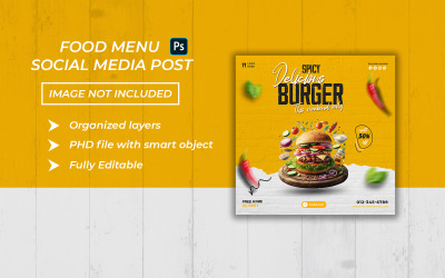 Würzige, köstliche Burger-Speisekarte für Social-Media-Beiträge und Banner-Vorlage