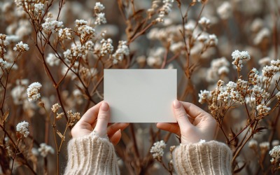 White Paper Held Against Dried Flowers Card Mockup 22