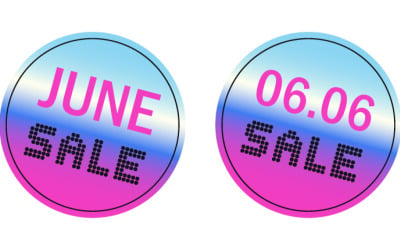 Ronde stickers voor juni-uitverkoop met een holografisch glanzend verloop