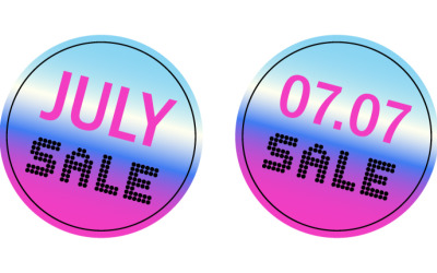 Runde Sticker-Set mit Juli-Sale und holografischem, glänzendem Farbverlauf