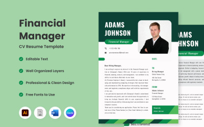 CV Resume Financial Manager V1, una plantilla meticulosamente diseñada para mostrar sus finanzas