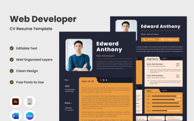 Resume Web Developer V3 è un modello sofisticato progettato per elevare il tuo profilo come sviluppatore web