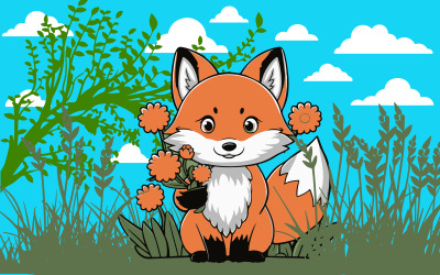 Söt räv som håller blommor manga stil, anime, illustration
