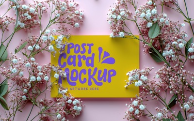 maquette de carte postale avec des fleurs séchées sur fond rose 400