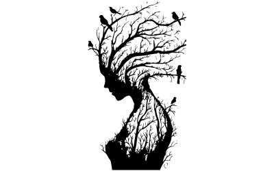 Uma obra de arte em tinta assustadoramente bela - silhueta humana feita a partir de galhos de árvores entrelaçados