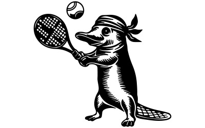 Una sorprendente ilustración monocromática de un ornitorrinco jugando al tenis.