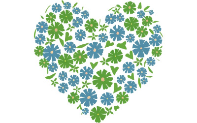 Cuore con vari fiori che rassodano il cuore in blu e verde