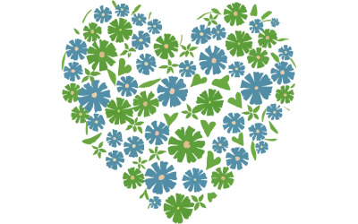 Heart with various flowers firming the heart in blue and greens