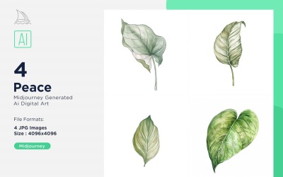 Peace Plant Leaves Watercolor 4 Set