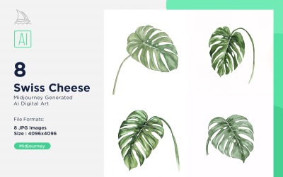 Swiss Cheese Plant Leaves Watercolor 8 Set