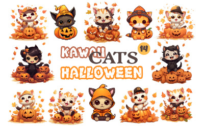 Cadılar Bayramı için sevimli Kawaii Kediler. Etiket.