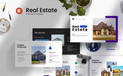 Layout einer PowerPoint-Präsentationsvorlage zum Thema „Immobilien“