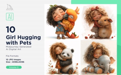 Cute Girl Hugging with Pets 10 Set V-05