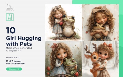 Cute Girl Hugging with Pets 10 Set V-09