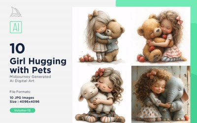 Cute Girl Hugging with Pets 10 Set V-15