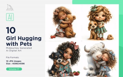 Cute Girl Hugging with Pets 10 Set V-17