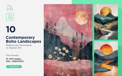 Samtida Boho Style Landscape Illustration Set 06