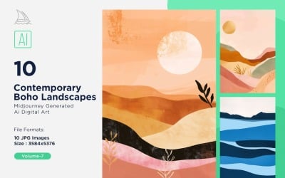 Samtida Boho Style Landscape Illustration Set 07