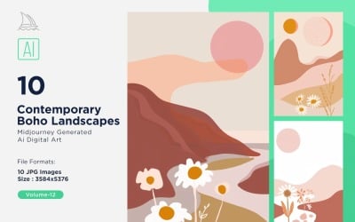 Samtida Boho Style Landscape Illustration Set 12