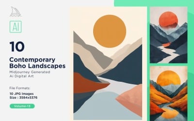 Samtida Boho Style Landscape Illustration Set 13