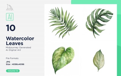 Watercolor Leaves with white background set 12