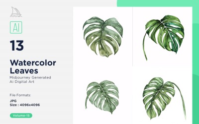 Watercolor Leaves with white background set 15