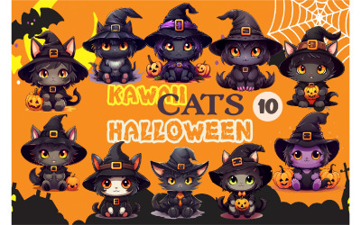 Simpatici gatti Kawaii di Halloween. Etichetta.