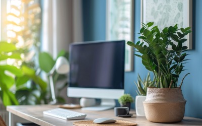 Office Room with computer &amp;amp; vases on the table 171